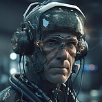 Cyberpunk, gaming and face of scifi old man for fantasy character, digital video game and metaverse. Technology, virtual reality and male hero in dystopian city at night in ai, cyborg and 3d design