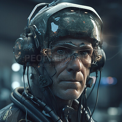 Buy stock photo Cyberpunk, cyborg and scifi old man for fantasy character, digital video game and metaverse. Technology, virtual reality and male hero in dystopian city at night in ai generated, robot and 3d design