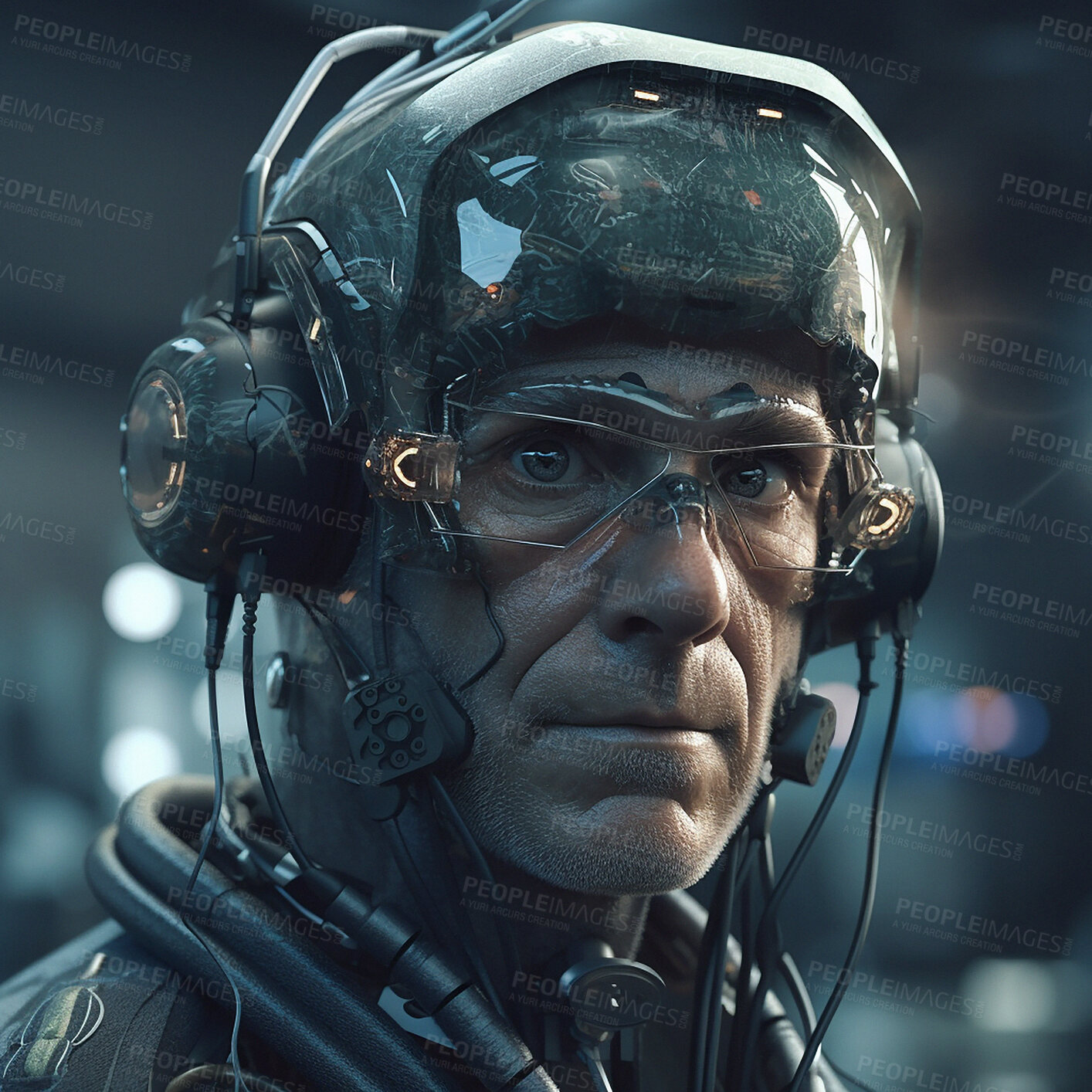 Buy stock photo Cyberpunk, cyborg and scifi old man for fantasy character, digital video game and metaverse. Technology, virtual reality and male hero in dystopian city at night in ai generated, robot and 3d design