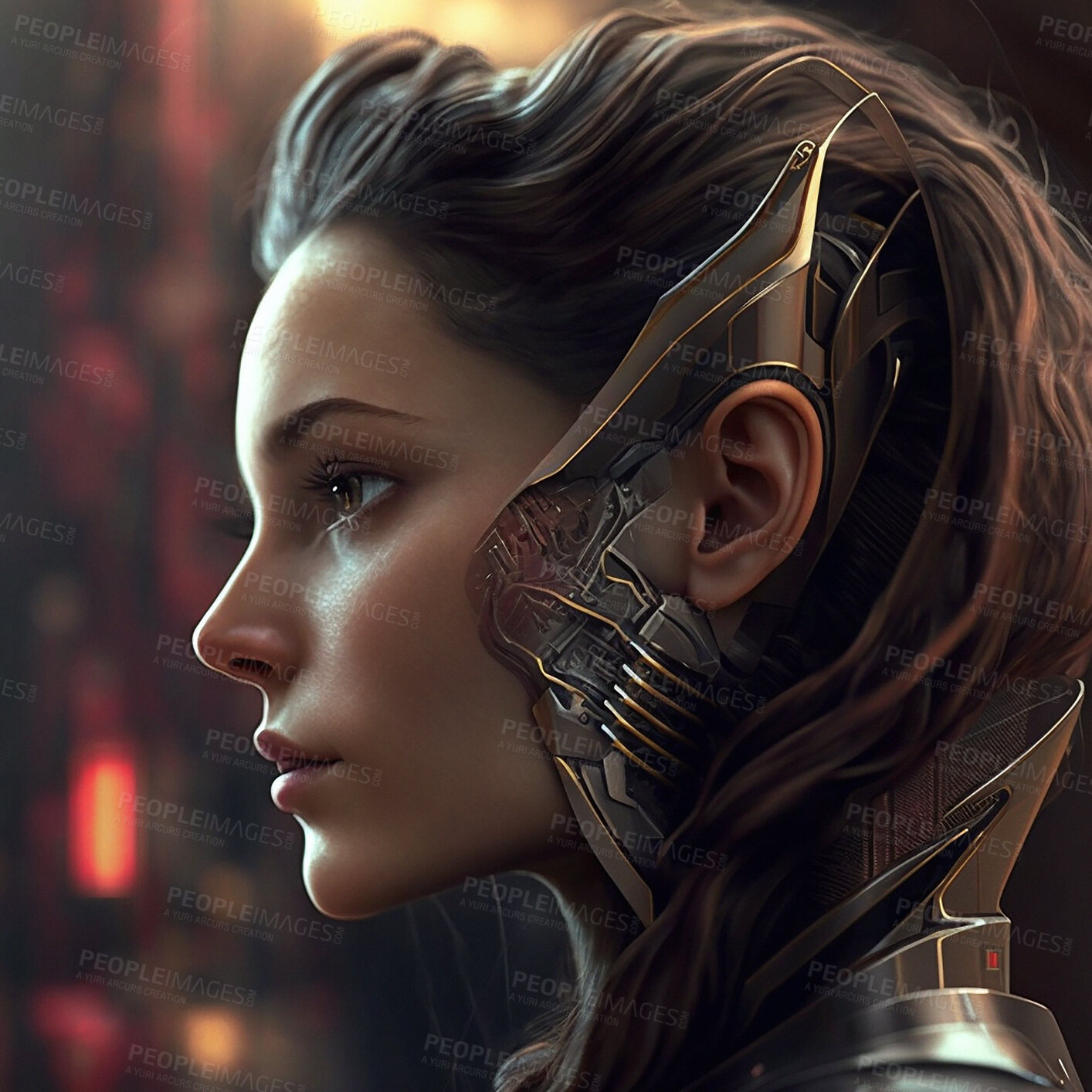 Buy stock photo Digital, 3d face and cyborg woman profile in metaverse, virtual reality or science fiction, high tech and cyberpunk. Robotics human, scifi programming and fantasy character design with ai generated