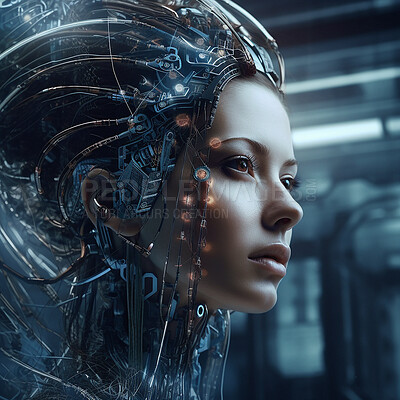 Buy stock photo Robot, futuristic gaming and scifi woman for fantasy character, digital video game and metaverse. Technology, virtual reality and girl in dystopian city at night with ai generated cyborg art