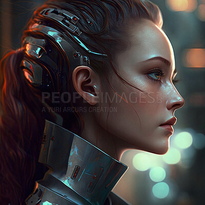 Futuristic, 3d face and cyborg woman profile in digital world, virtual reality or science fiction in high tech and night bokeh. Robotics human, cyber programming or ai generated fantasy character
