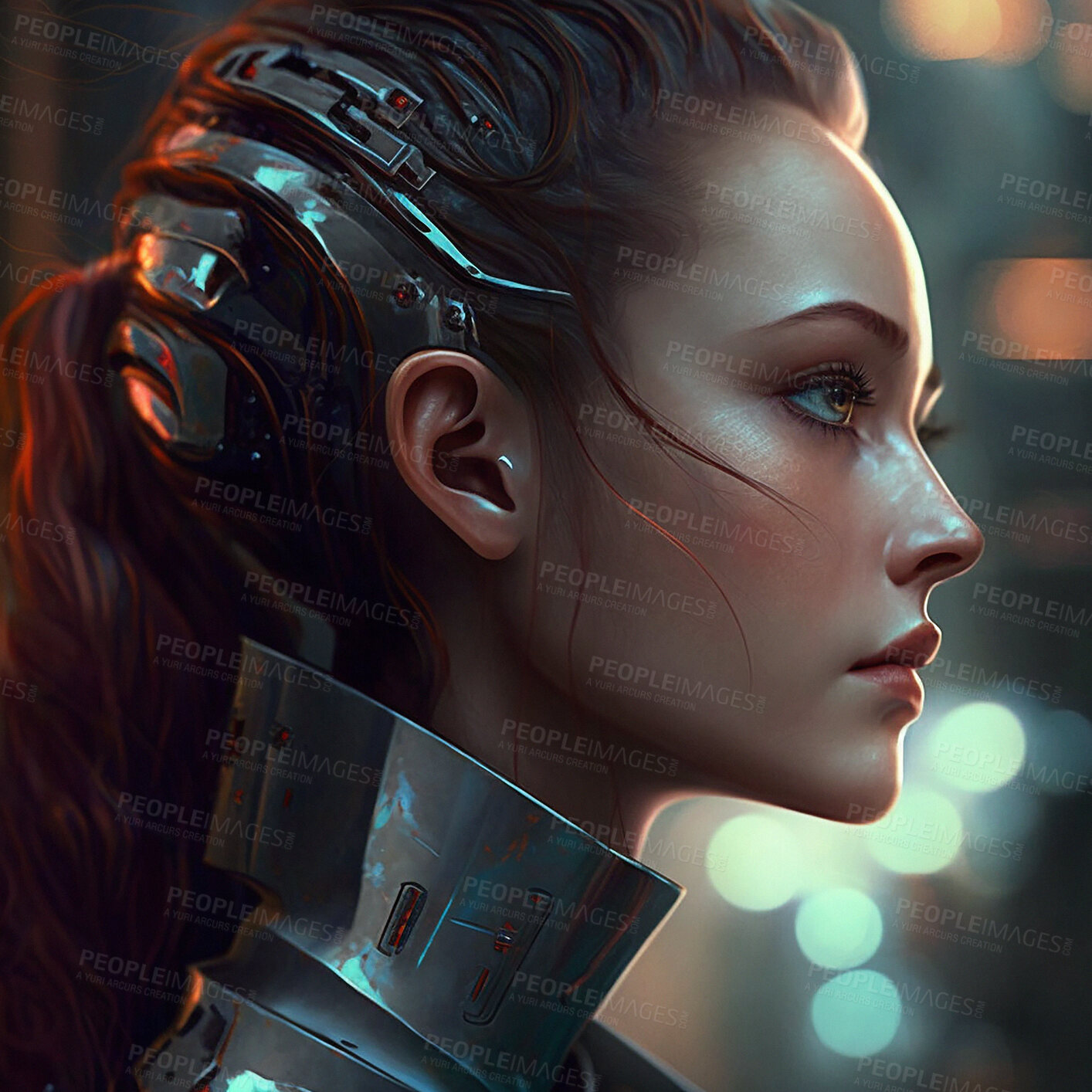 Buy stock photo Futuristic, 3d face and cyborg woman profile in digital world, virtual reality or science fiction in high tech and night bokeh. Robotics human, cyber programming or ai generated fantasy character