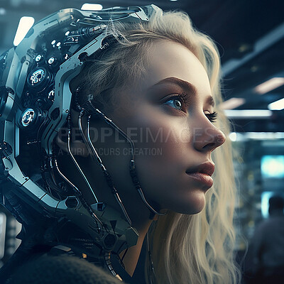 Buy stock photo Cyberpunk, scifi gaming and robot woman for fantasy character, digital video game and metaverse. Futuristic technology, virtual reality and dystopian girl with ai generated, cyborg and 3d art design