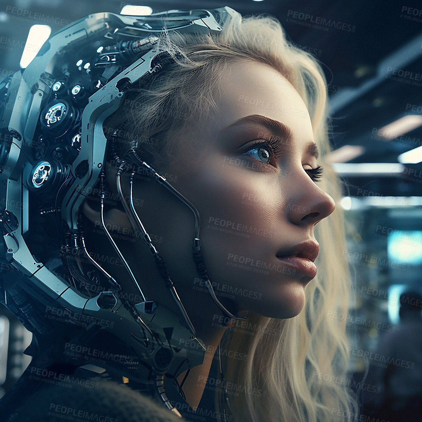 Buy stock photo Cyberpunk, scifi gaming and robot woman for fantasy character, digital video game and metaverse. Futuristic technology, virtual reality and dystopian girl with ai generated, cyborg and 3d art design