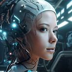 Cyberpunk, futuristic and face of scifi woman for video game character, digital gaming and metaverse. Technology, virtual reality and girl in dystopian city at night in ai, cyborg and 3d robot art