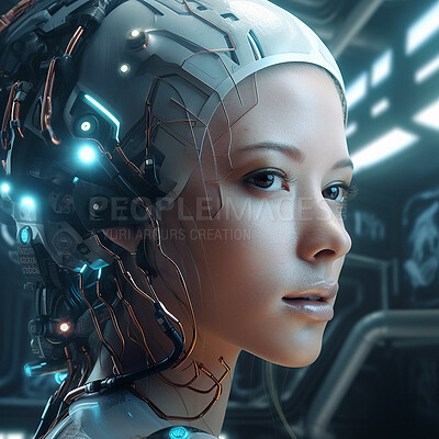 Buy stock photo Cyberpunk, futuristic and face of scifi woman for video game character, digital gaming and metaverse. Technology, virtual reality and girl in dystopian city at night in ai generated, cyborg robot art