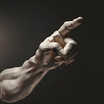 Arm, choice and a person pointing for direction isolated on a black background in studio. Decision, vote and hand and finger of a man showing the way, choosing and gesturing for choice on a backdrop