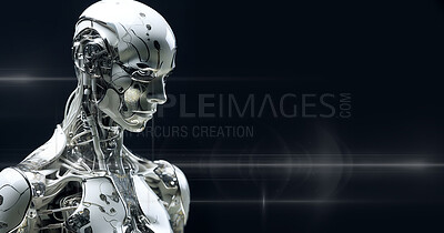 Cyborg, ai and robotics on mockup in futuristic technology, cyberspace or android machine against a dark studio background. Cyber man in artificial intelligence, data innovation or future robot
