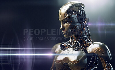 Buy stock photo Cyborg, ai and alien robot on mockup in futuristic technology, cyberspace or android machine against a dark studio background. Cyber woman robotic intelligence, data innovation or mechanical future