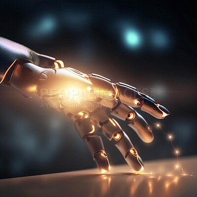 Buy stock photo Robot hand, technology and ai with digital transformation, cyborg and android with scifi. Automation, computer science and machine learning, innovation and cutting edge tech, alien and engineering
