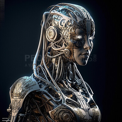 Buy stock photo Machine, cyborg and robot woman isolated on black background with new technology and innovation in studio. Scifi, female humanoid and futuristic robotics, tech engineering and ai generated android