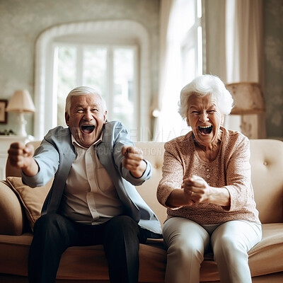 Portrait, scream or excited senior couple, friends or old people winning, celebrate and watch retirement home tv show. Celebration, achievement winner or fun elderly woman, man or AI generated person
