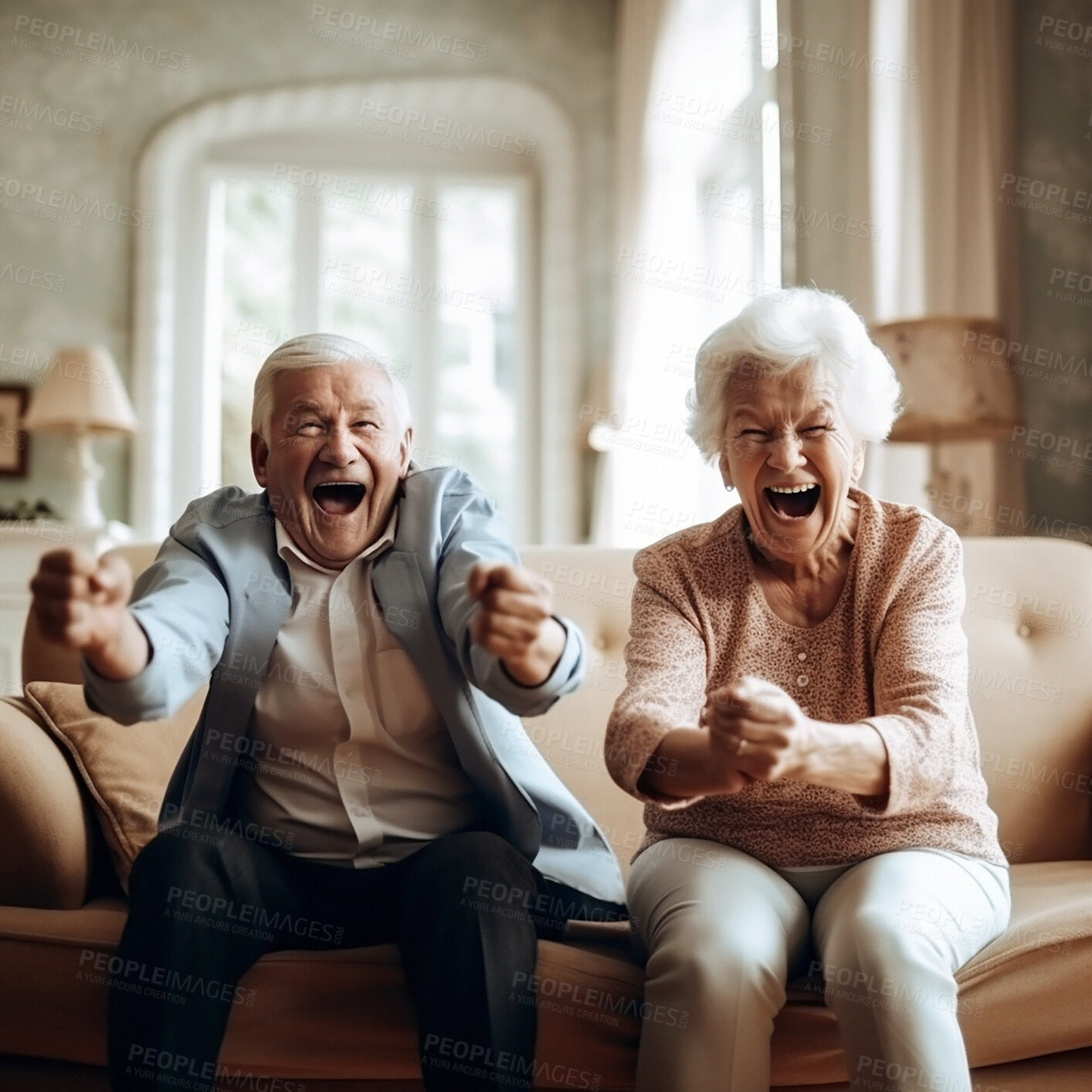 Buy stock photo Portrait, scream or excited senior couple, friends or old people winning, celebrate and watch retirement home tv show. Celebration, achievement winner or fun elderly woman, man or AI generated person