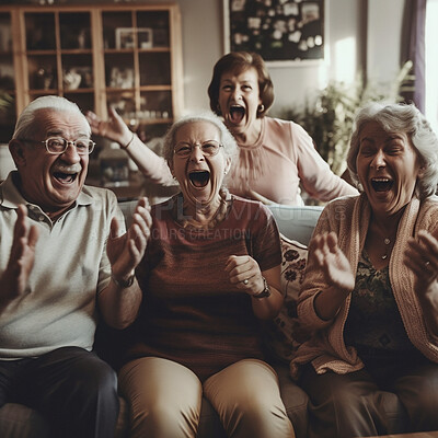 Retirement, humor and a group of senior friends laughing while playing games together in the living room of a home. Happy, funny or bonding with mature men and woman enjoying comedy, laughter or fun