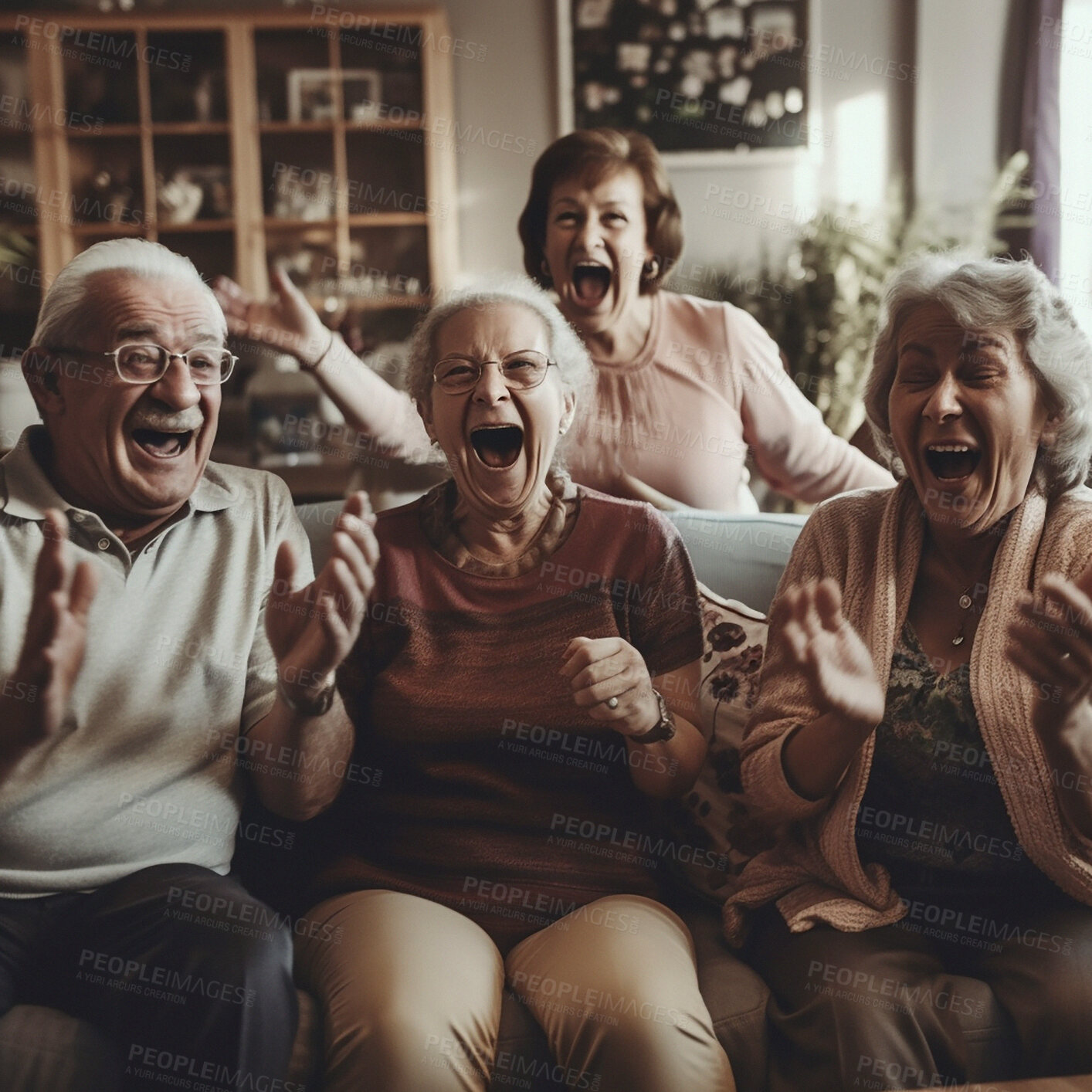 Buy stock photo Retirement, humor and a group of senior friends laughing while playing games together in the living room of home. Happy, funny or bonding with mature men and woman enjoying comedy or ai generated fun