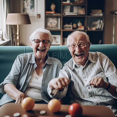 Portrait of happy senior couple, boardgame and excited while playing games in living room and retirement. Happiness, ai generated old man and woman with game sitting on sofa together in nursing home.