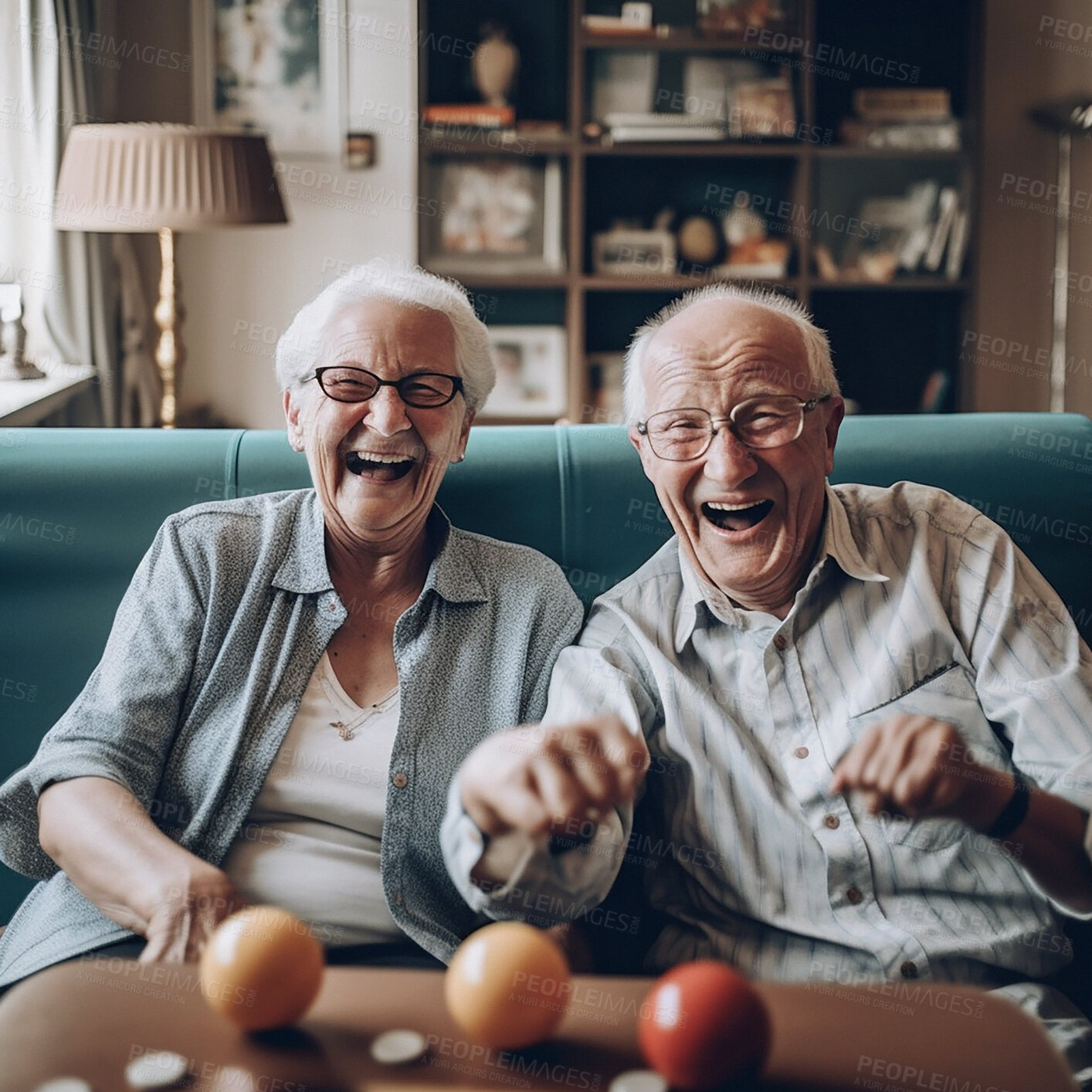 Portrait of happy senior couple, boardgame and excited while playing games  in living room and retirement. Happiness, ai generated old man and woman  with game sitting on sofa together in nursing home. |