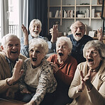 Retirement, laugh and a group of senior friends having fun while playing games together in the home living room. Happy, funny or bonding with mature men and woman enjoying comedy, laughter or humor