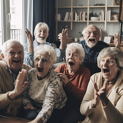 Retirement, laugh and a group of senior friends having fun while playing games together in the home living room. Happy, funny or bonding with mature men and woman enjoying comedy, laughter or humor