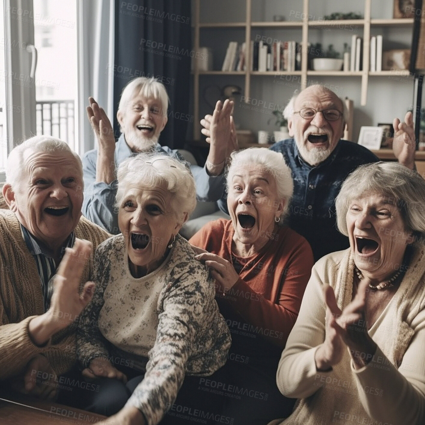 Buy stock photo Retirement, laugh and a group of senior friends having fun while playing games together in a home living room. Happy, funny or bonding with mature men and woman enjoying ai generated comedy or humor