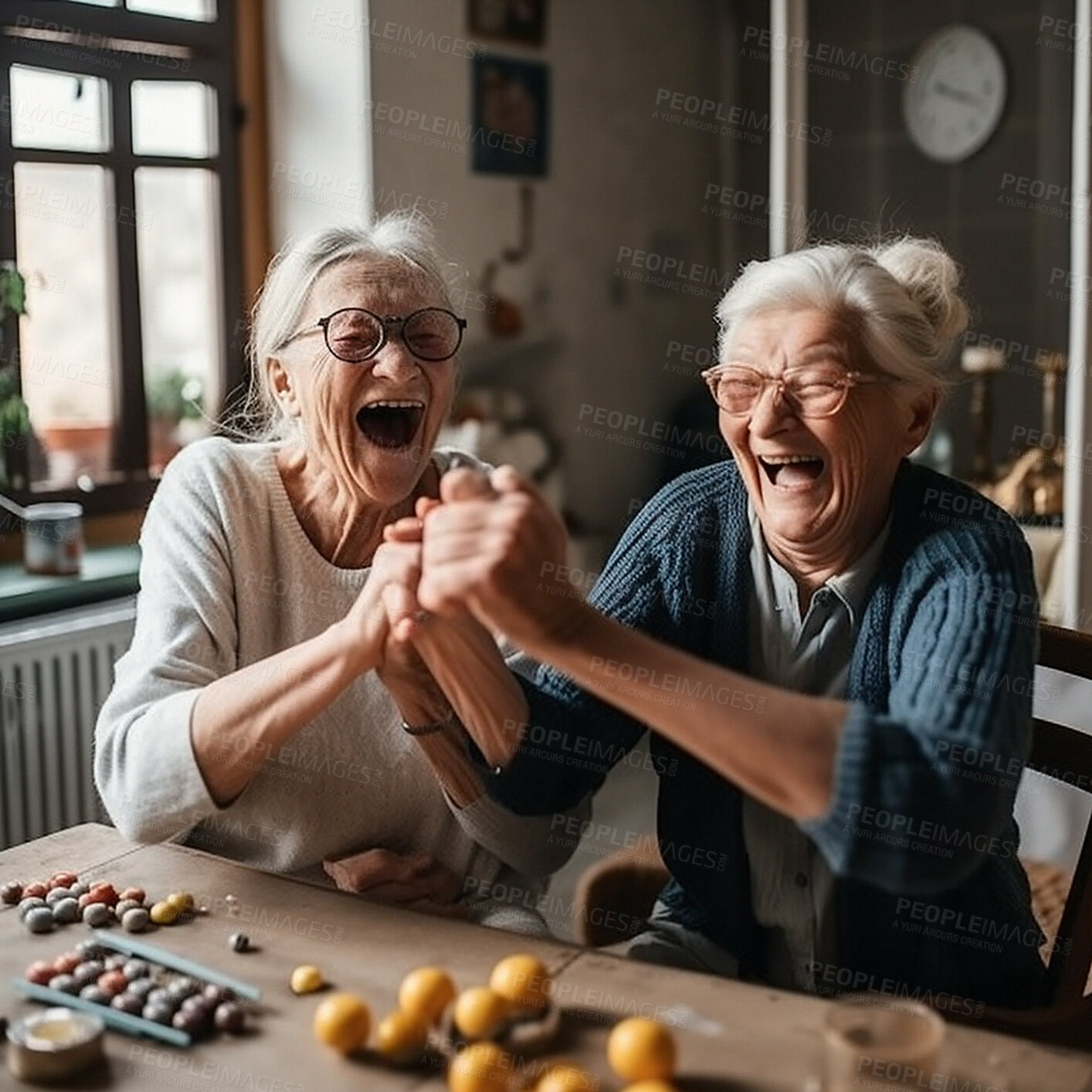 Buy stock photo Celebrate, senior women and board game, winning and excited celebration with games and retirement with smile. Happiness, ai generated old woman and friends with boardgame in nursing home together.