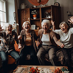 Retirement, funny and a group of senior friends laughing while playing games together in the living room of a home. Happy, fun or bonding with a mature woman and friend enjoying comedy or laughter