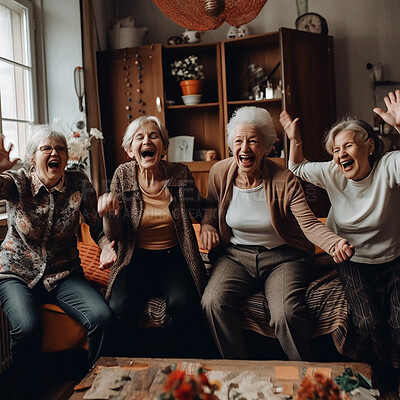 Retirement, funny and a group of senior friends laughing while playing games together in the living room of a home. Happy, fun or bonding with a mature woman and friend enjoying comedy or laughter