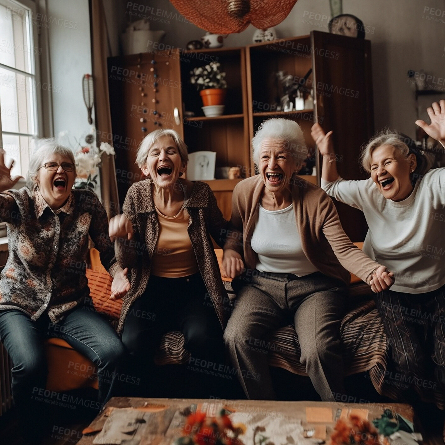 Buy stock photo Retirement, funny and a group of senior friends laughing while playing games together in the living room of a home. Happy, fun or bonding with a mature woman enjoying ai generated comedy or laughter