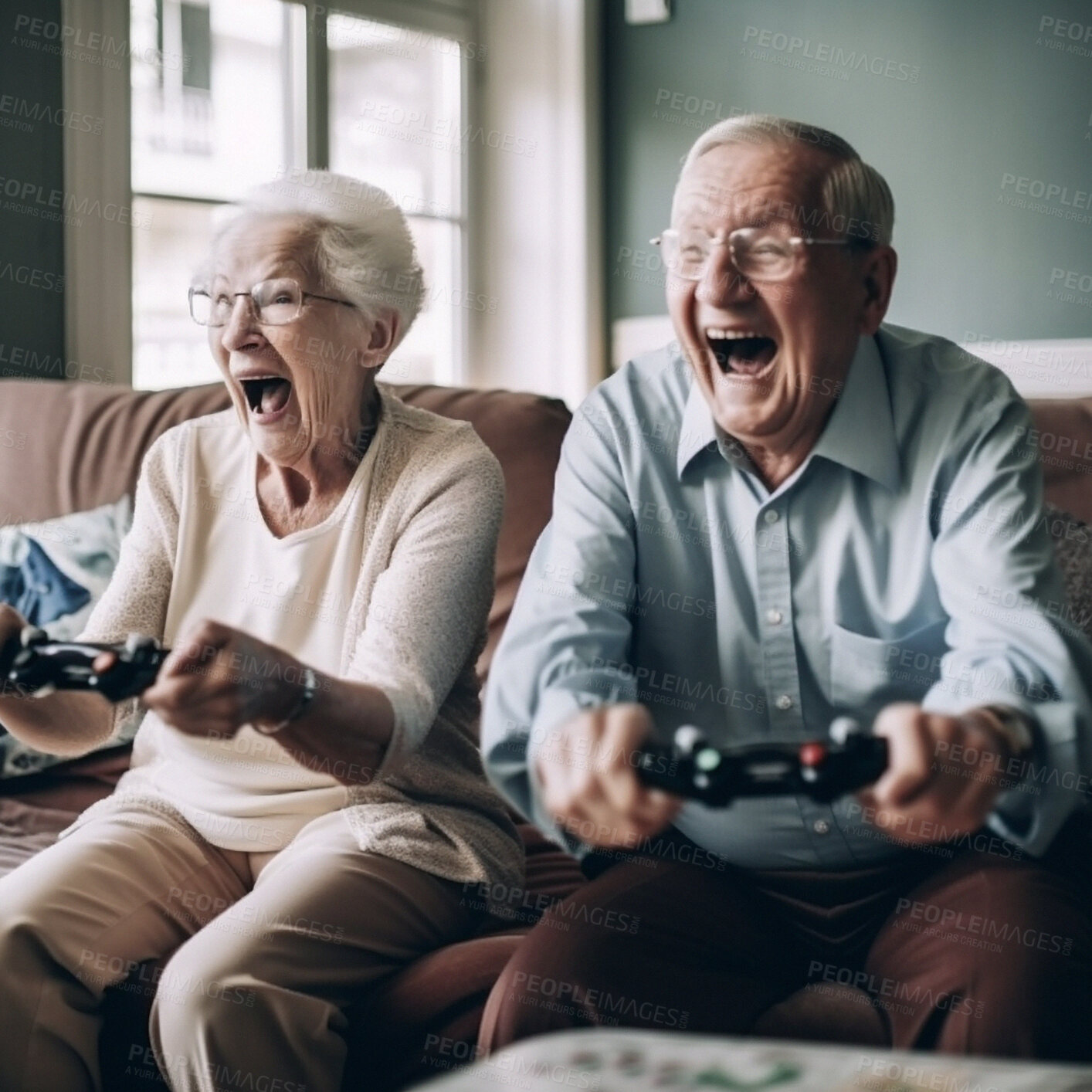 Buy stock photo Home, scream and gaming senior couple, friends or people play video game or television entertainment console. Tv gamer controller, fun challenge and excited elderly woman, man or AI generated person