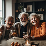 Portrait, wine or laughing senior people, old friends or group happy, bond and enjoy funny time together in retirement home. Alcohol drinks, comedy and elderly women, excited man or AI generated face