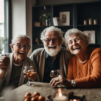 Portrait, wine or laughing senior people, old friends or group happy, bond and enjoy funny time together in retirement home. Alcohol drinks, comedy and elderly women, excited man or AI generated face