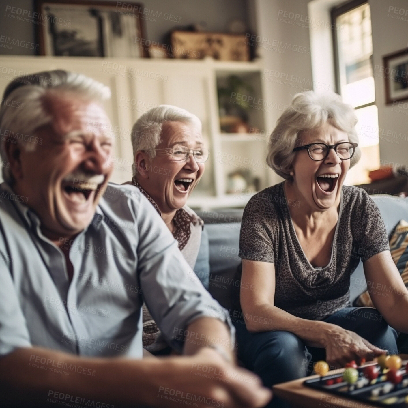 Buy stock photo Retirement, fun and a group of senior friends laughing while playing games together in the living room of a home. Happy, funny or bonding with mature men and woman enjoying comedy, laughter or humor