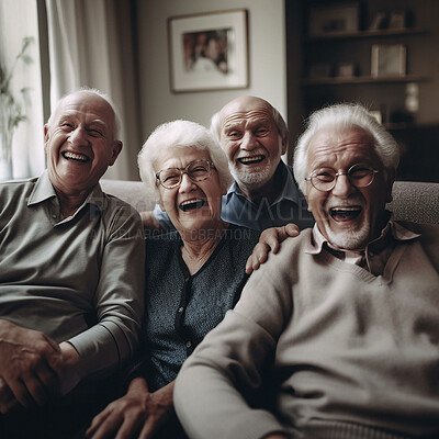 Face, laughing or happy elderly people, old friends or group excited, smile and enjoy funny time together in retirement home. Friendship bonding, comedy and senior women, man or AI generated person