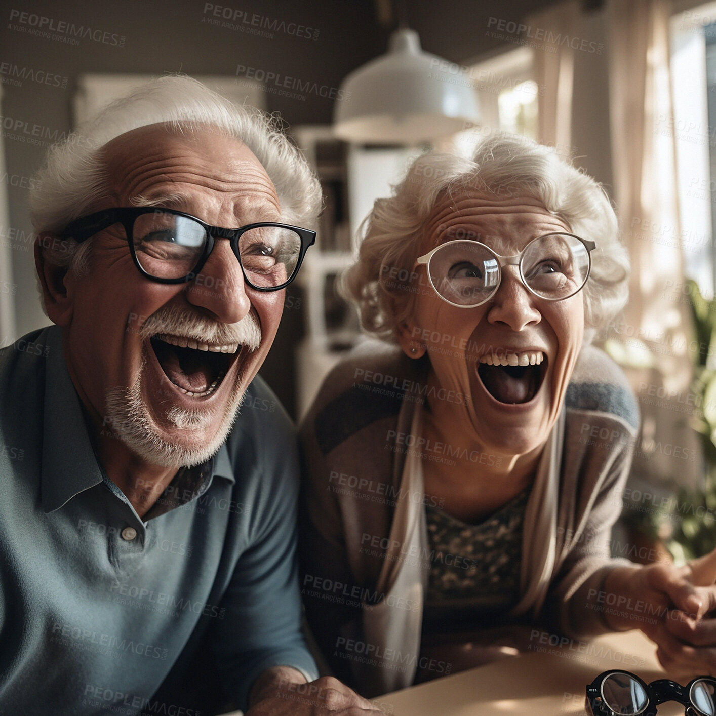 Buy stock photo Excited face, crazy and senior couple of friends happy, smile and enjoy bonding together in retirement home. Laugh, energy or scream of elderly women, fun man or AI generated people in living room