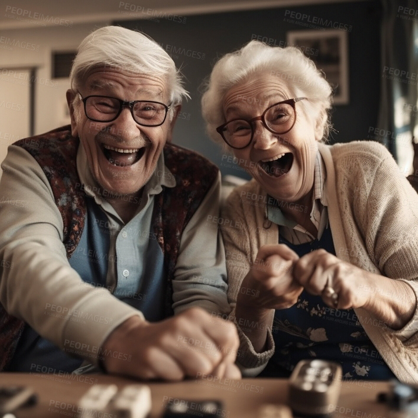 Buy stock photo Faces, laughing and senior couple with game, retirement and bonding with happy smile and love at home. Portrait, mature man and old woman with happiness, ai generated and retired with joy and fun