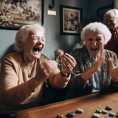 Happy senior women, board game and excited celebration winning while playing games, retirement friendships with smile. Happiness, ai generated old woman and friends with game in nursing home together