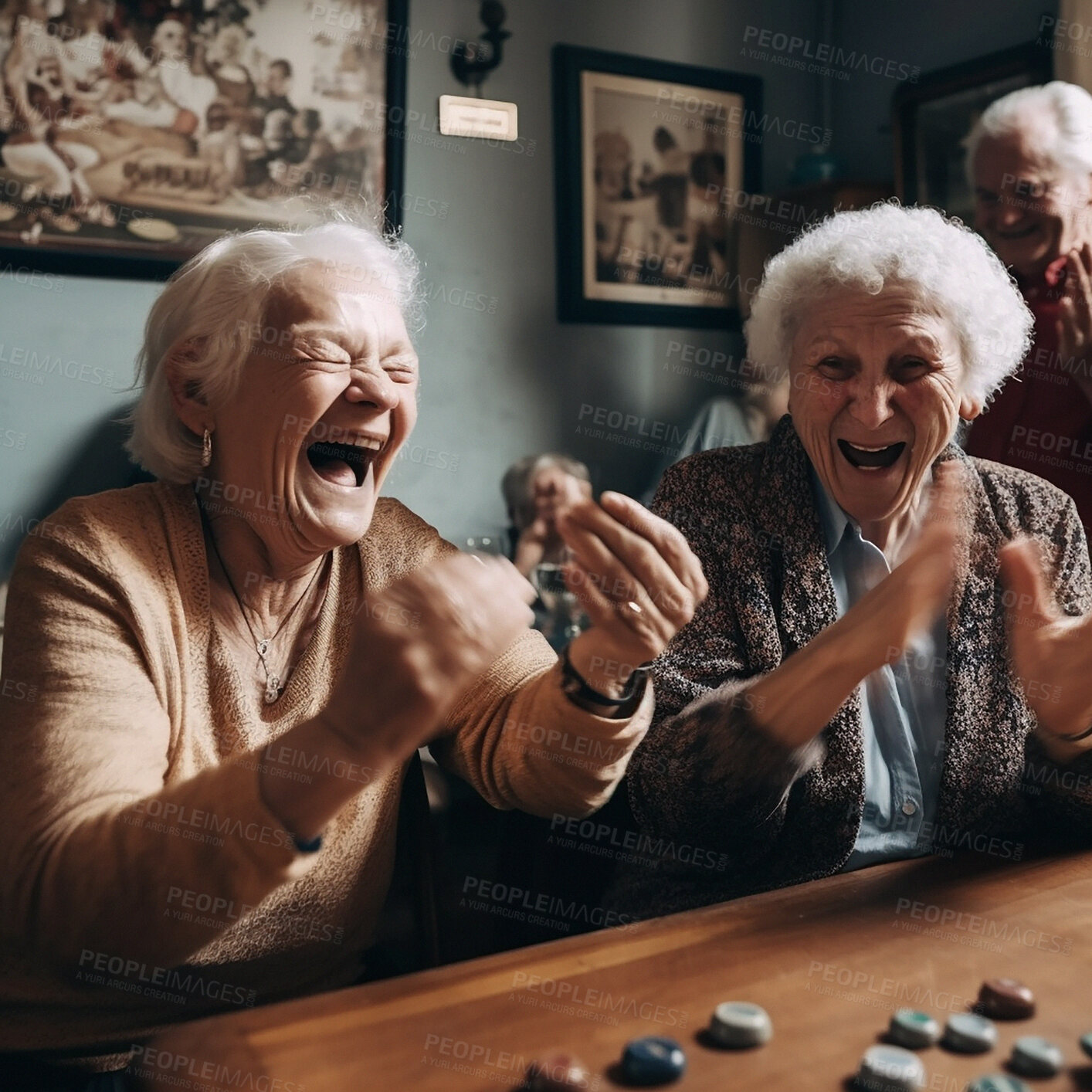 Buy stock photo Happy senior women, board game and excited celebration winning while playing games, retirement friendships with smile. Happiness, ai generated old woman and friends with game in nursing home together