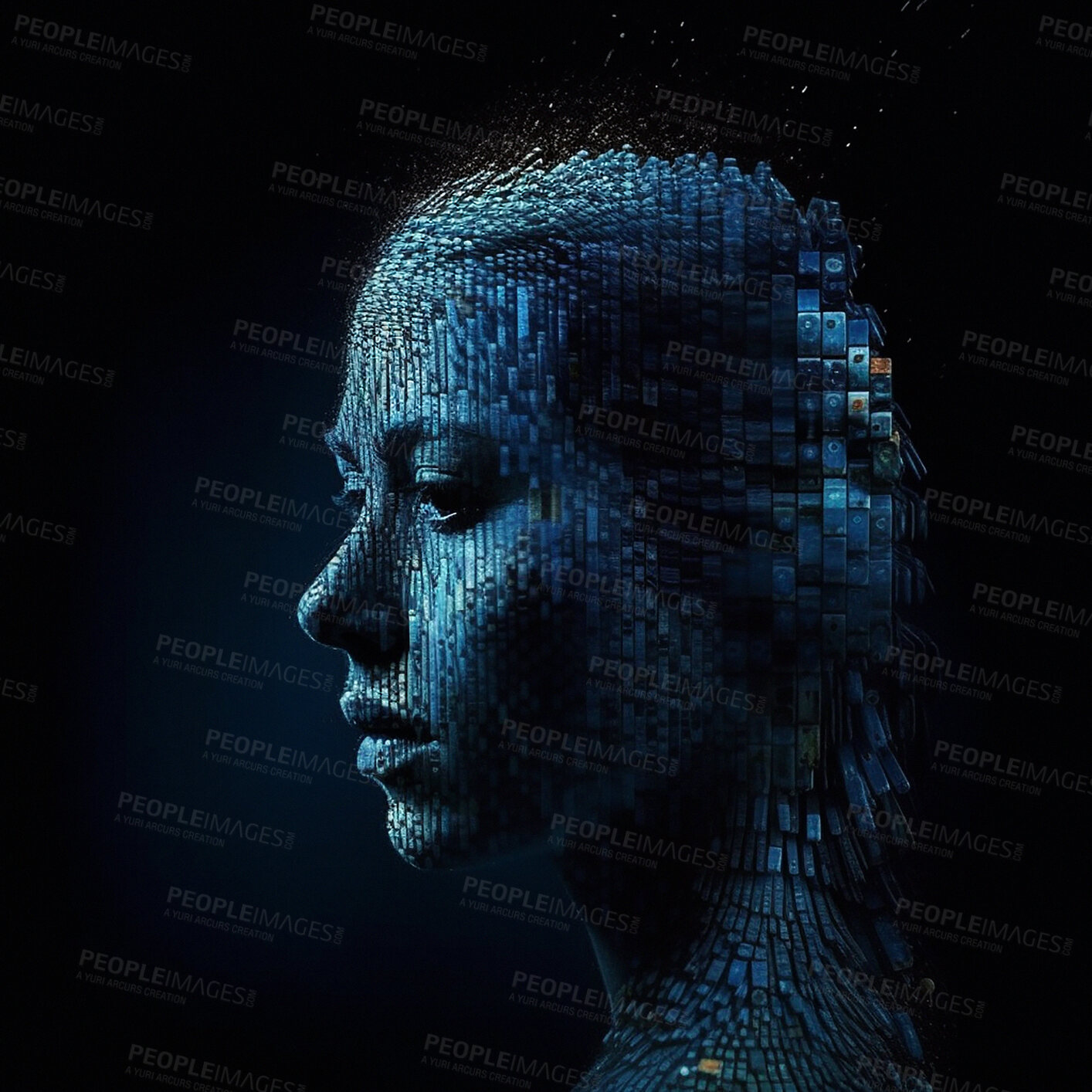 Buy stock photo Future, big data and human face with technology, innovation and network signal on dark studio background. Head, robotics or woman with futuristic, mockup or analytics with connection or ai generated