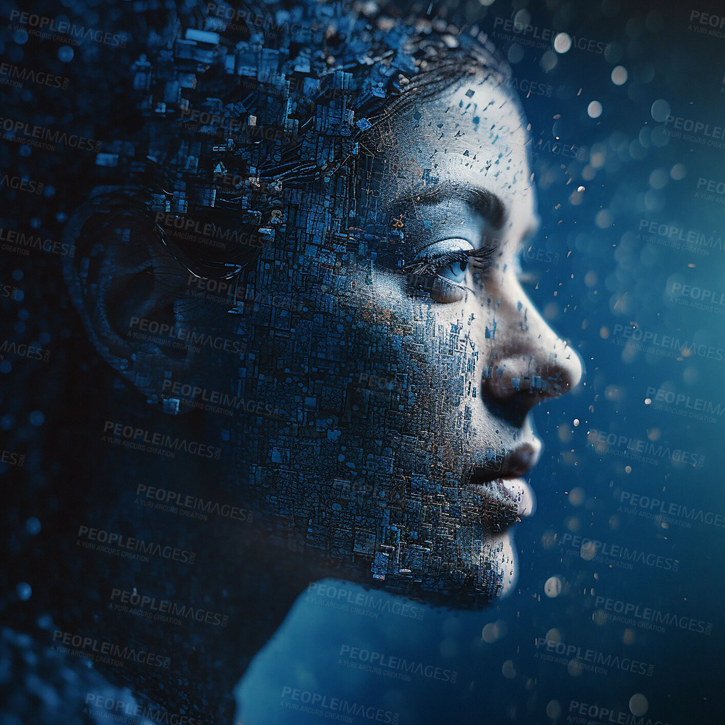 Buy stock photo Futuristic, data and cyborg woman in digital world, metaverse or scifi isolated on a dark background. Robotic face, mind and cyber technology, overlay and binary code with ai generated programming