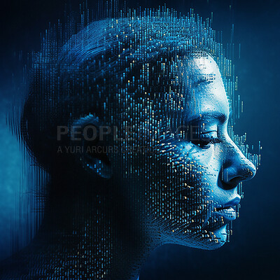 Woman, face profile and ai with future technology and science with cloud computing and global network. Abstract, futuristic and digital transformation, virtual and tech development on blue background