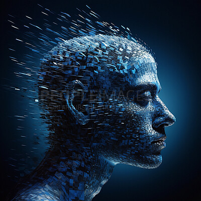 Man, face profile and ai with future technology and science with cloud computing and global network. Abstract, futuristic and digital transformation, virtual and tech development on blue background
