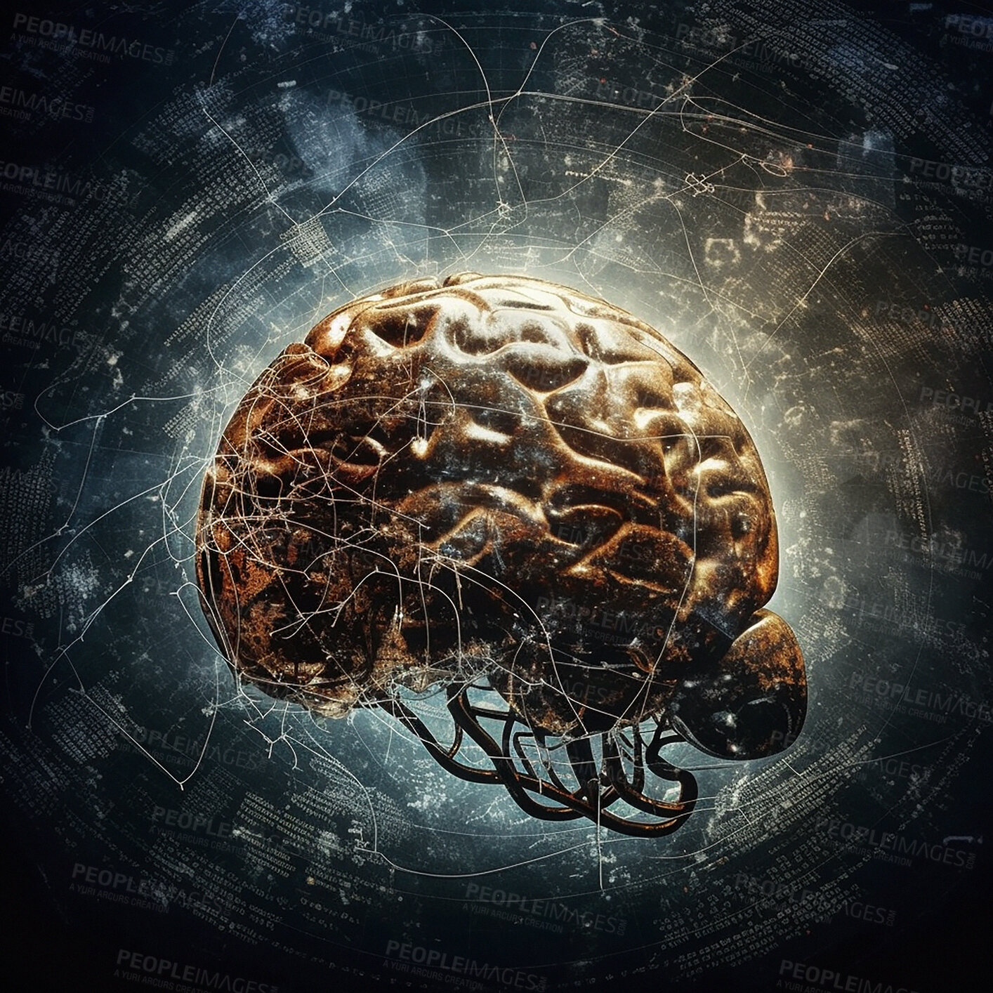Buy stock photo Brain, technology abstract and ai with futuristic and 3d, human mind and network with digital world. Cyber, knowledge and organ with intelligence, neurology or neuroscience, rendering and hologram