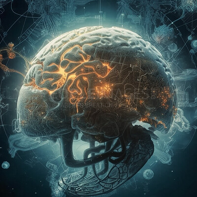Brain, technology abstract and ai with future and 3d, human mind and network with digital world. Cyber, knowledge and organ with intelligence, neurology or neuroscience, rendering and tech hologram