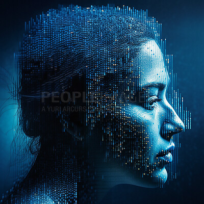 Female, face profile and ai, future technology and science with cloud computing and global network. Abstract, futuristic and digital transformation, woman and tech development on blue background