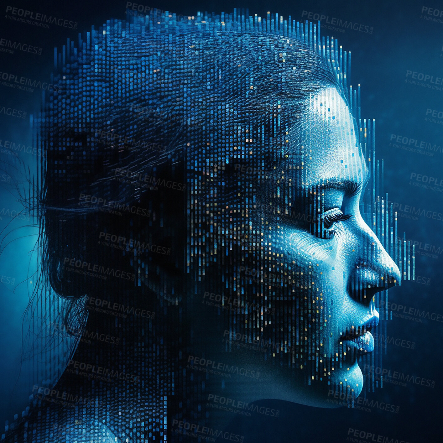 Buy stock photo 3D head, person and human artificial intelligence of ai generated profile, future tech and machine learning engineering. Abstract face, futuristic and digital transformation woman on blue background