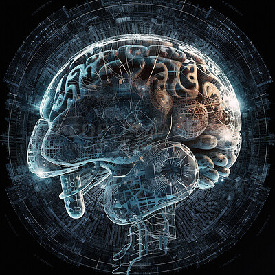 Brain, electronics and ai with future and 3d, human mind and network with digital world and technology abstract. Cyber, knowledge and organ with intelligence, neurology or neuroscience with hologram