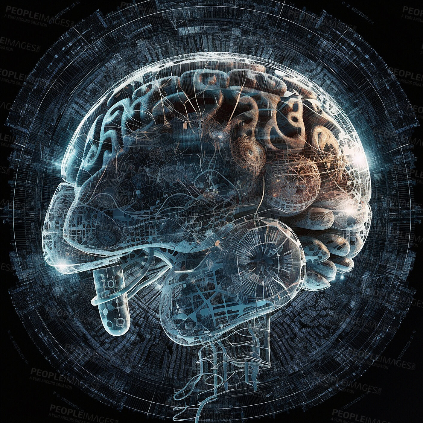 Buy stock photo Brain, electronics and ai with future and 3d, human mind and network with digital world and technology abstract. Cyber, knowledge and organ with intelligence, neurology or neuroscience with hologram