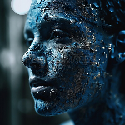 Avatar, digital and woman with a skin defect, artistic creativity and futuristic robot. Future, alien face of a person with creative design, technology and ai network for tech with blue color