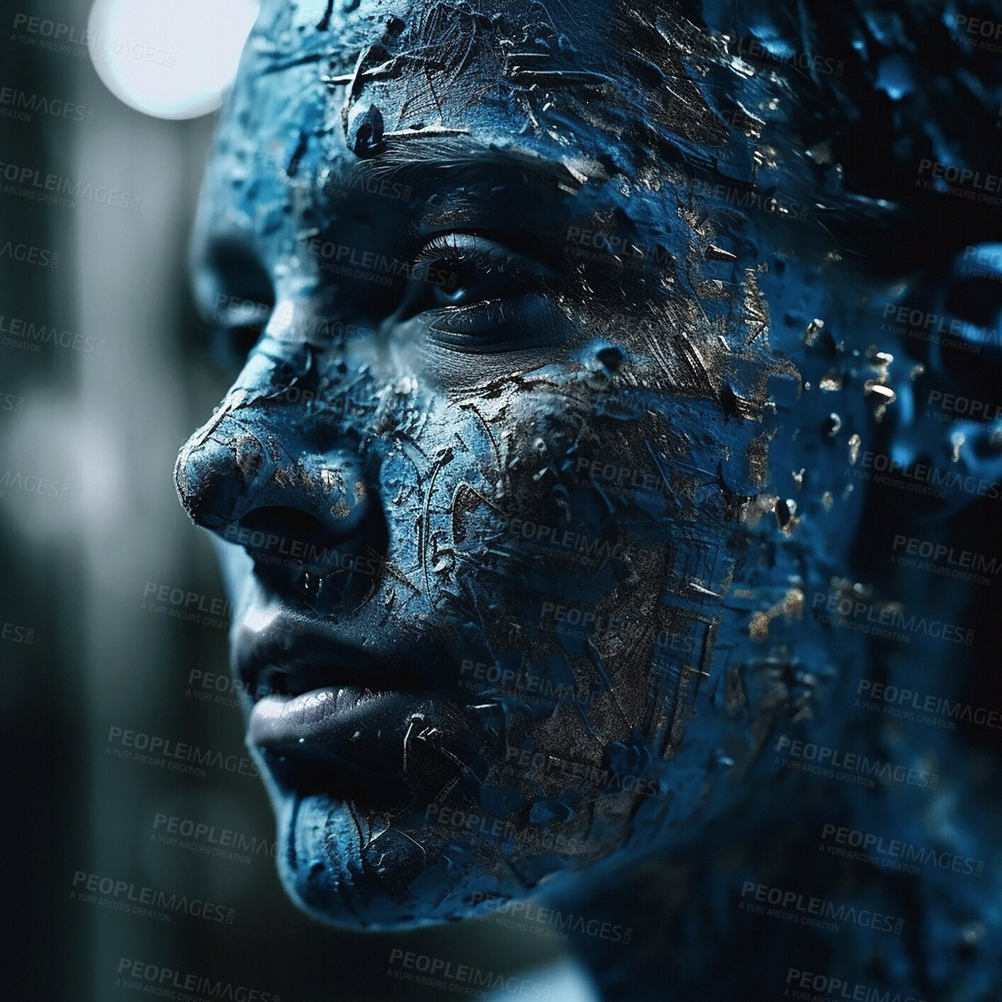 Buy stock photo Avatar, digital and woman with a skin defect, artistic creativity and futuristic robot. Future, alien face of a person with creative design, technology and ai network for tech with blue color